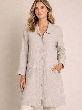 FLAX LINEN Beige Button Front Collared Jacket Women Mid-Length L